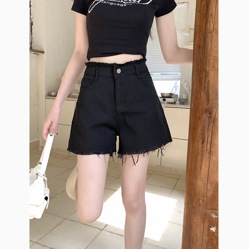 Personality simple raw edge versatile denim shorts female spring and summer new high thin casual wide-leg jeans tide