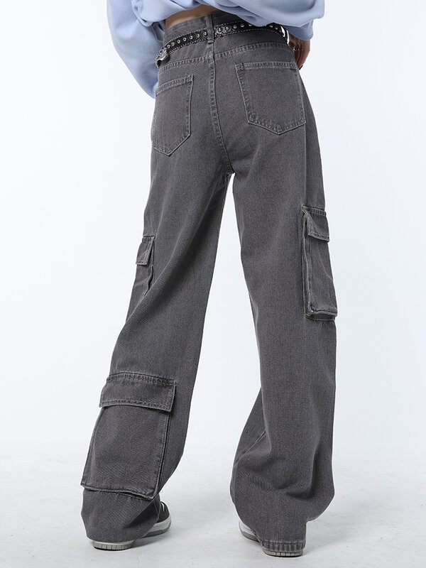 Women Grey Jeans Streetwear Vintage Wash Wide Leg Denim Pants Y2K Straight Four Pockets Baggy Cargo Jeans With Stars Pants 2023