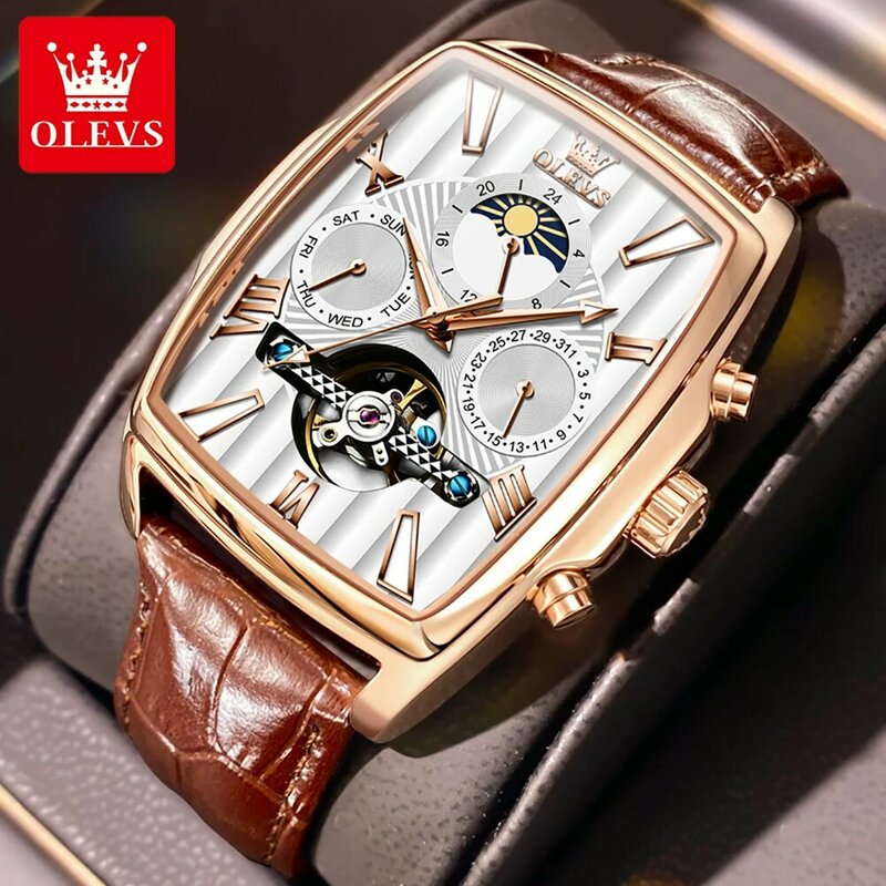 OLEVS jam tangan mekanis otomatis pria, jam tangan Tourbillon mewah, jam tangan tahan air, jam tangan tali kulit, jam tangan untuk pria