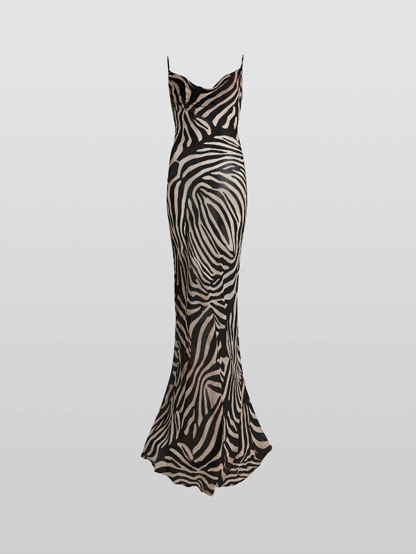 Vestido feminino estampado em zebra, sexy para ver através do sim, vestidos de festa longos, cinta de espaguete, vestido sem encosto, verão, 2024