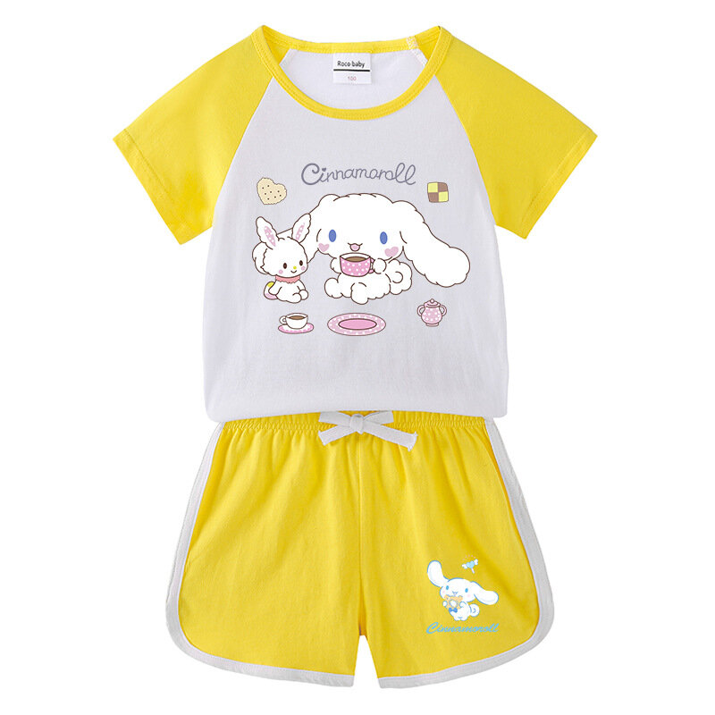 Sanrio Cartoon Shirts and Shorts Set Cinnamoroll Kuromi Soft Fabric Short Sleeve Set Gym Suit Summer Sport Clothes Girls Gift