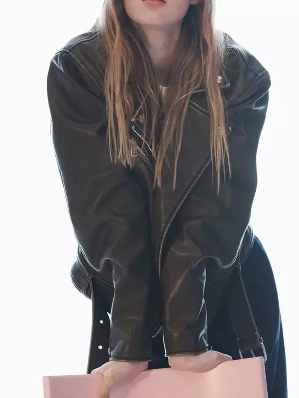 Jaket kulit buatan wanita, mantel Vintage lengan panjang ritsleting pakaian luar Chic 2023