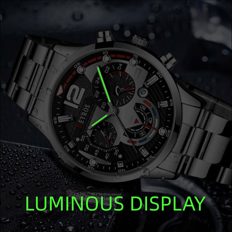 ファッションメンズラグジュアリーブラックレザーストラップクォーツ腕時計日付発光の時計は、ビジネスカジュアル男性時計リロイhombre