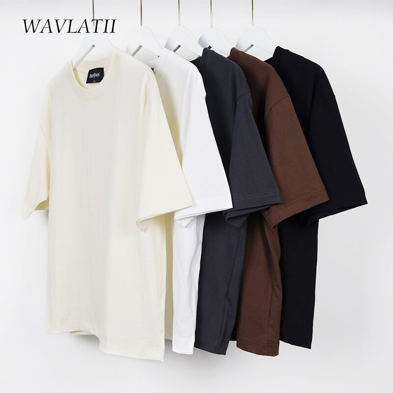 WAVLATII-Camisas de Verão Oversized para Homens e Mulheres, Camisetas Casuais Marrons, Streetwear Coreano, Unisex, Básico, Sólido, Jovem, Cool Tops