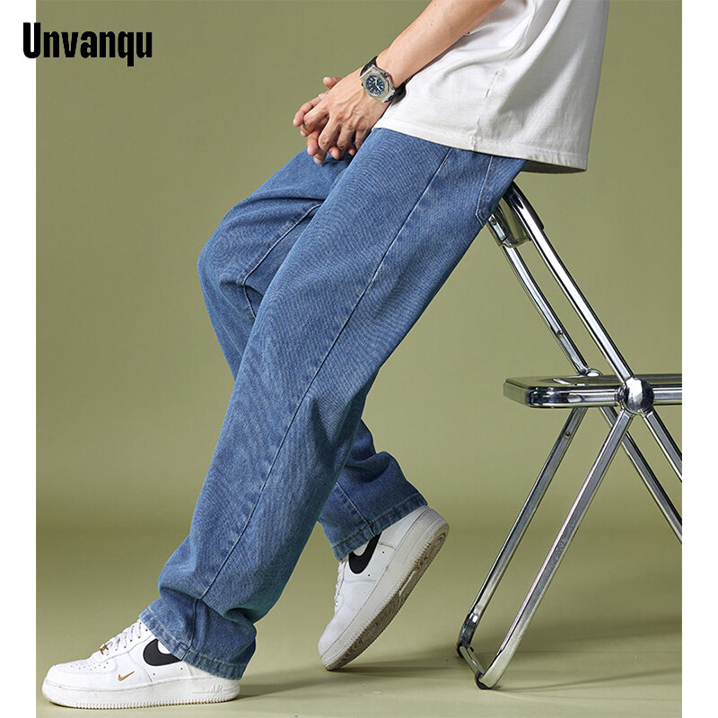 Unvanku กางเกงยีนส์ขาบานผ้าไอซ์ซิลค์ทรงหลวมผ้ากางเกงยีนส์ลำลองสำหรับผู้ชายคุณภาพสูงสำหรับฤดูร้อน