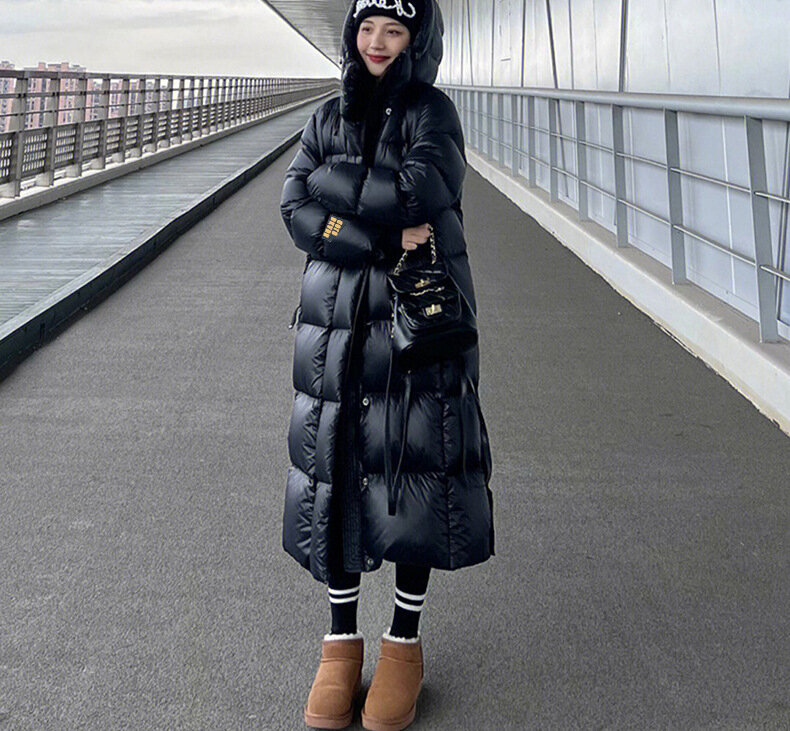Jaqueta longa ultra grossa feminina, Parkas com capuz quente, casacos de sopro leves, jaquetas pretas de inverno, nova moda