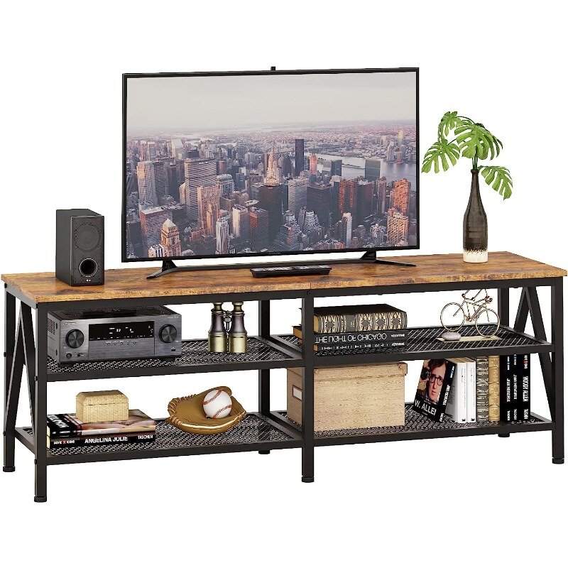 TV Stand for 60 65 inch TV, Long 55" Entertainment Center with 3-Tier Open Storage Shelves, Industrial TV Console Table