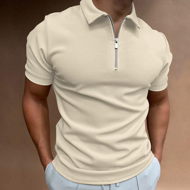 Nova camisa polo de cor sólida masculina manga curta turn-down colarinho com zíper camisa polo & para homem casual streetwear 2022 verão masculino topos