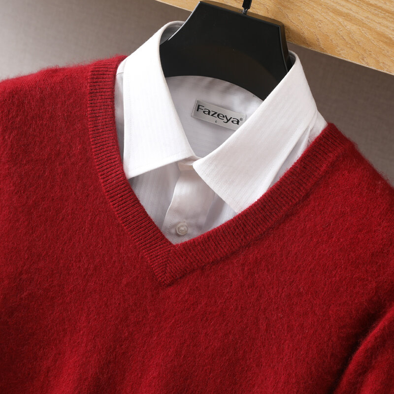 Jersey de punto con cuello en V para hombre, suéter informal holgado de Cachemira de visón, Tops gruesos de Color sólido, primavera y otoño, 100%