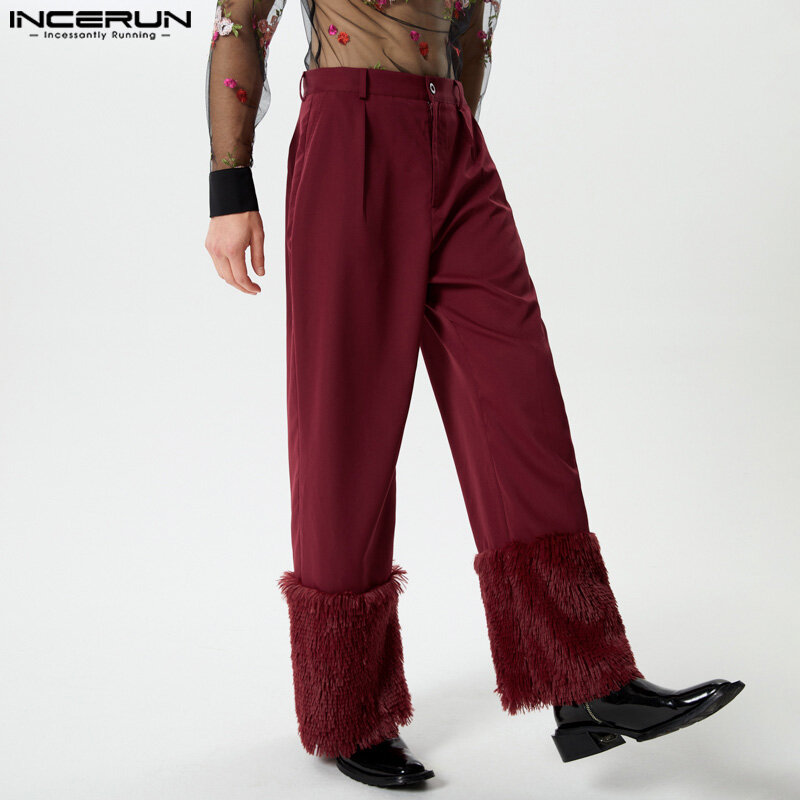 INCERUN Men Pants Plush Patchwork Button Loose Casual Straight Trousers Men Streetwear 2024 Personality Fashion Pantalon S-5XL