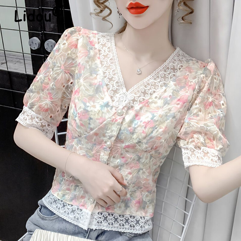 Women Floral Print Lace Embroidery Vintage Elegant Shirt Summer Korean Fashion V Neck Sweet Kawaii Blouse Short Sleeve Chic Tops