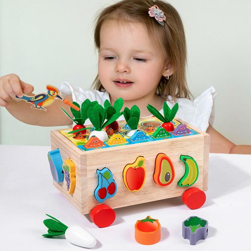 Mainan pengembangan otak untuk bayi kayu pendidikan blok bangunan lobak buah memancing Set mainan untuk balita untuk bayi