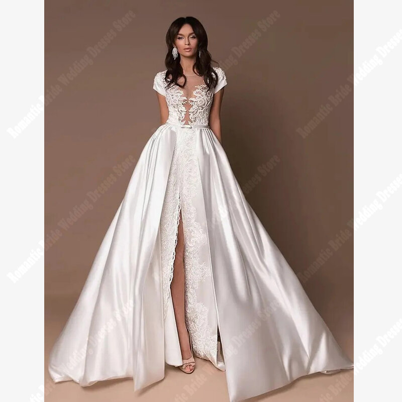 Gaun pengantin wanita kerah v seksi populer permukaan Satin cerah gaun pengantin A-Line Decal renda indah Boho Vestidos De Novias