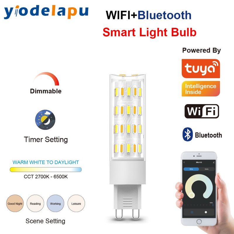 Tuya-G9 Lâmpada LED regulável inteligente, luz inteligente, controle de voz, Wi-Fi, 5W, 6W, 7W, 230V, suporta Alexa, Google Home, 2700K-6500K
