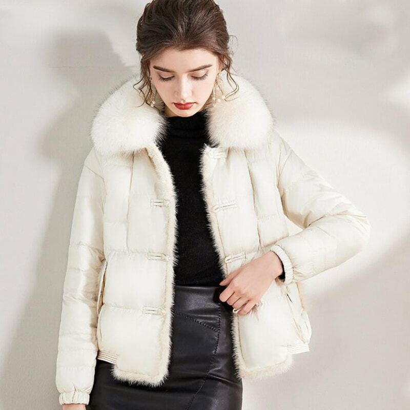 Vera pelliccia di volpe collo inverno donna 90% piumino d'anatra bianco donna corto caldo piumino femminile allentato Vintage Parka giacche