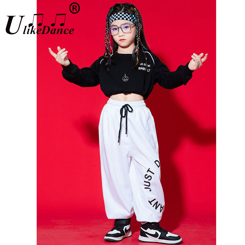 Детская танцевальная одежда Kpop в стиле хип-хоп для девочек, черные кроп-топы, белые брюки, современный костюм для джазовых представлений, уличный танцевальный костюм для девочек