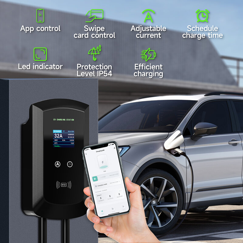 AFYEEV 32A EV Charging Station 22KW 3Phase Electric Vehicle Car Charger 11KW Type2 IEC62196-2 EVSE Wallbox APP Control 5m Cable