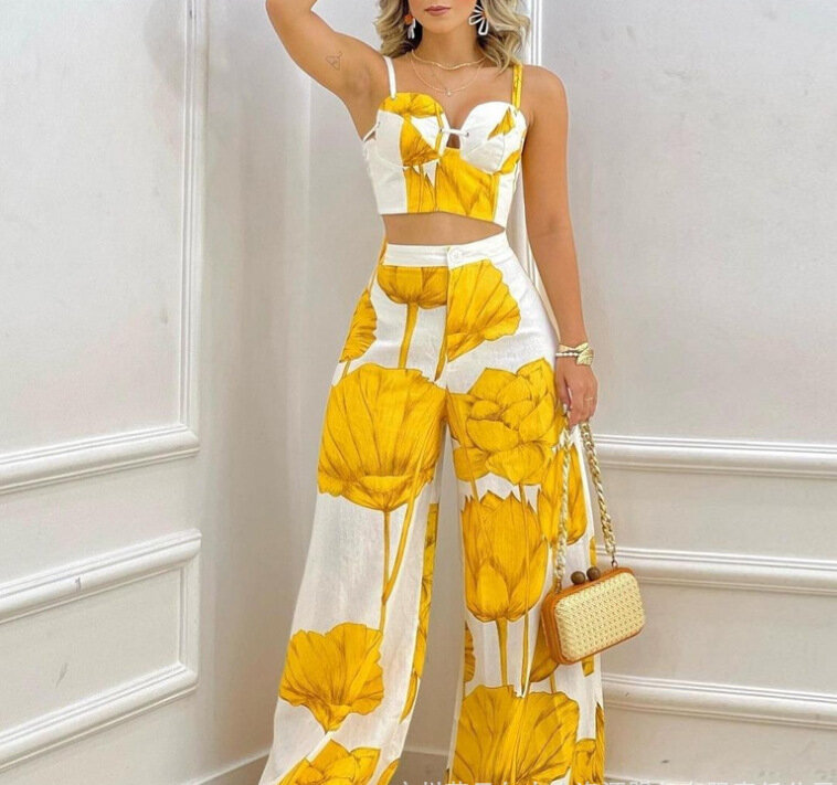 Women Pant Sets Tracksuit Two Pieces Print Sexy Vest Pullover Wide Leg Pants Loose High Street Pockets Ankle Length Summer
