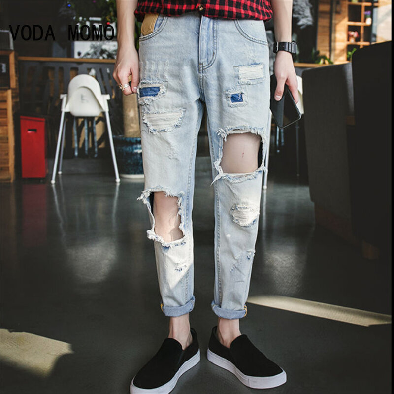 New Skinny Jeans Men Streetwear Destroyed Ripped Jeans Homme Hip Hop Broken Modis Male Pencil Biker Embroidery Patch Pants