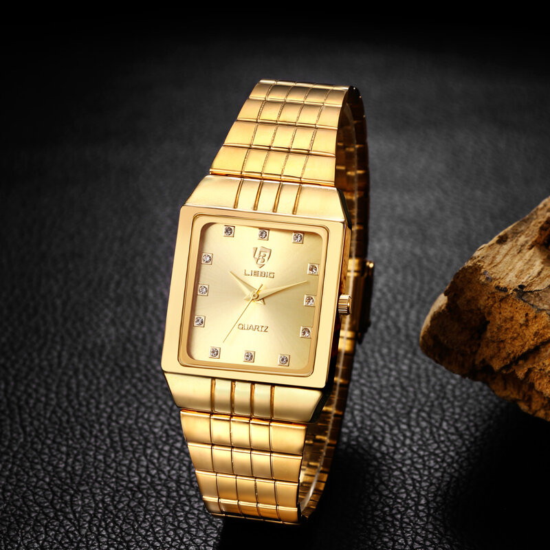 LANCARDO jam tangan pasangan persegi baja tahan karat, jam tangan tipis tahan air tali berlian, ukuran dapat diatur bisnis kasual 2024