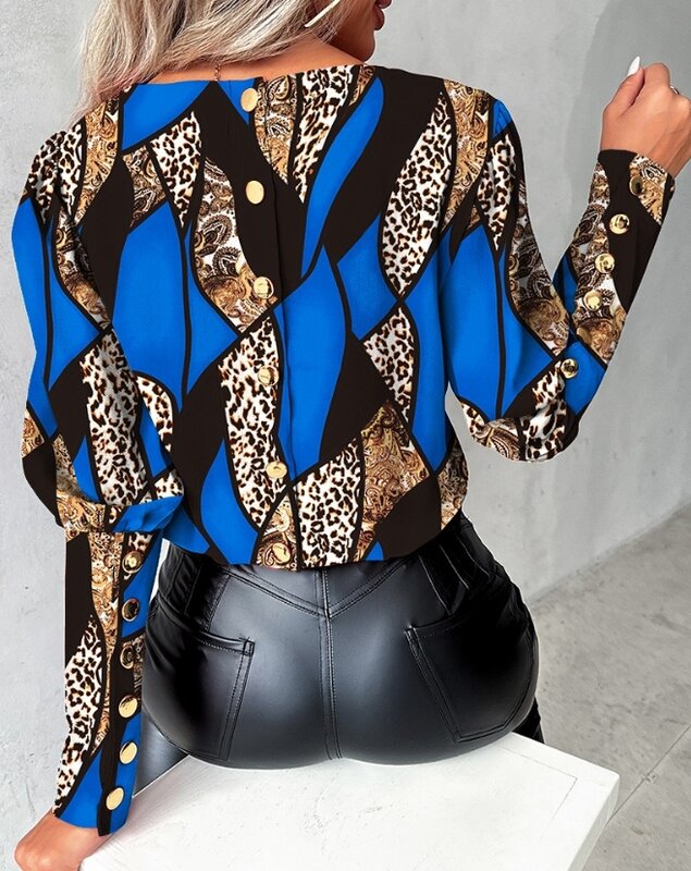 Blusa barroca con estampado de leopardo para mujer, camisa holgada con manga abotonada en la espalda y cuello redondo, moda de otoño, 2023