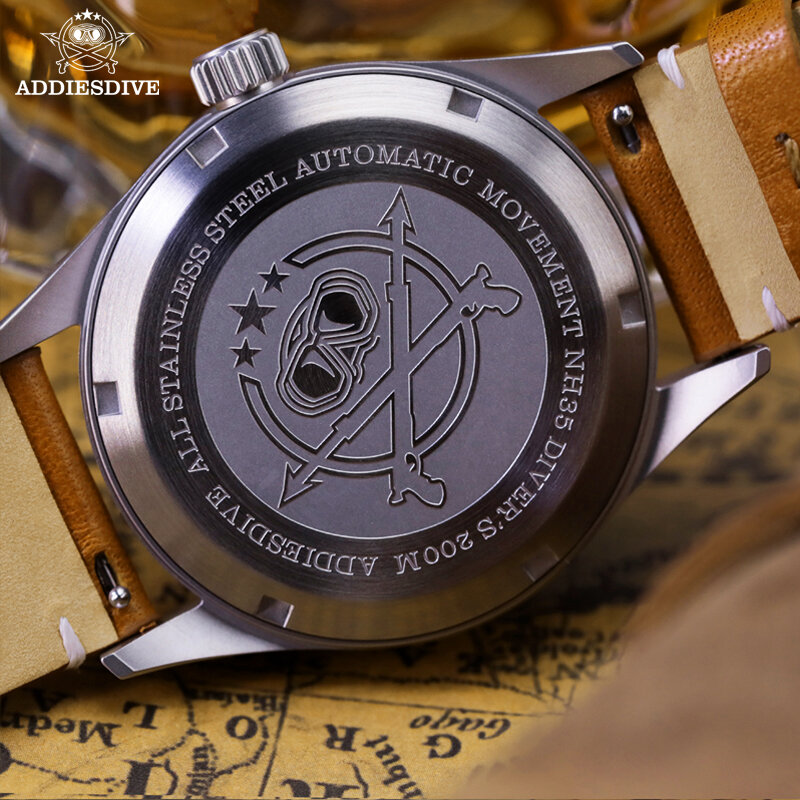 ADDIESDIVE-impermeável relógio mecânico automático para homens, pulseira de couro, super luminoso, safira cristal, 20Bar, BGW9, NH35, AD2048