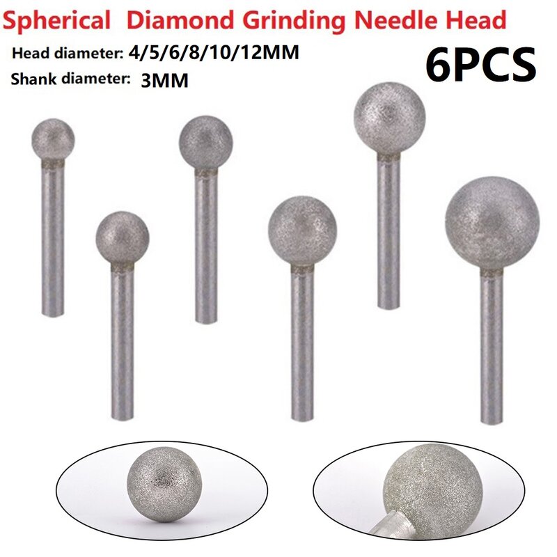 6PCS Grinding Needle Head Diamond Round Ball Burr Drill Bit For Carving Engraving Drilling 4-12mm Glass Gemstones Power Tools