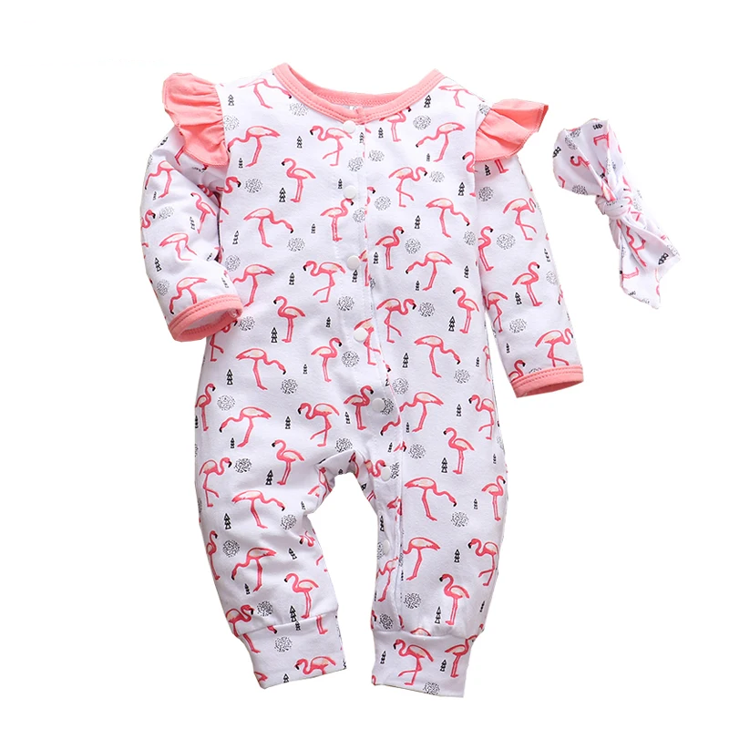 Schattige 2 Stuks Baby Meisjes Lange Mouw Romper Katoenen Ruche Sets Flamingo Print Jumpsuit Hoofdband Pasgeboren Kleding Prinses Outfits
