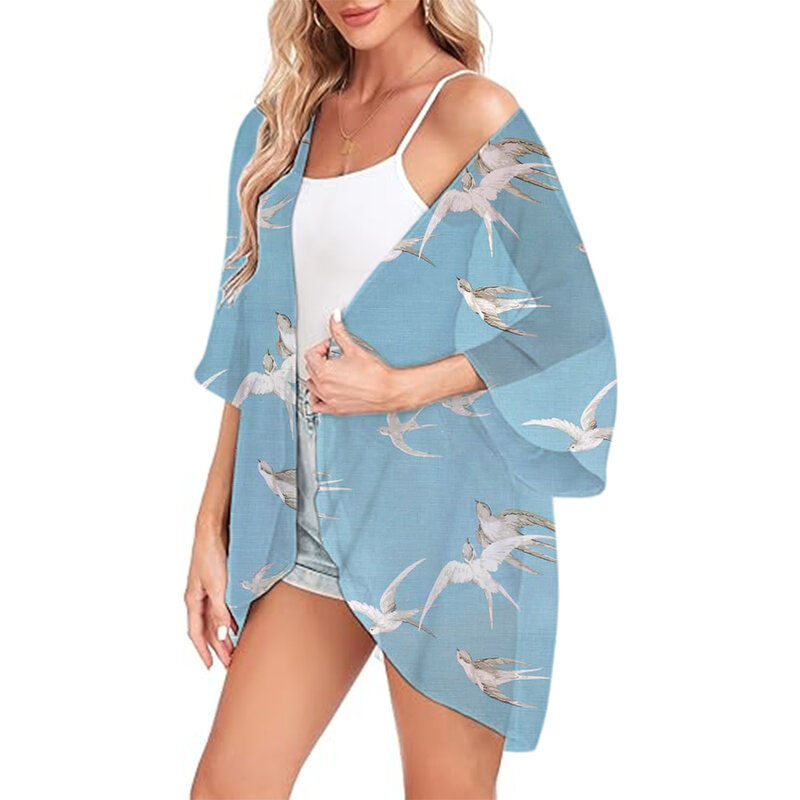 Quimono feminino frente aberta de chiffon, cardigã solto para banho, cardigã curto, camisas de verão, casaco de biquíni de praia, coberturas curtas