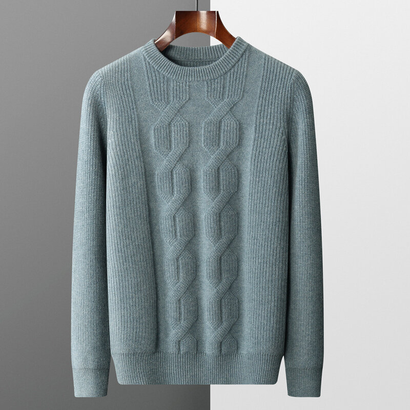 Suéter monocromático de manga comprida masculino, suéter 100% puro de lã, espesso duplo, agulha de lingote, torcido, moda casual, plus size