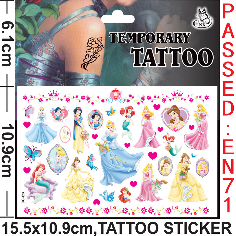 Disney Princess Tattoo Stickers for Kids, Ariel, Aurora, Desenhos animados, Impermeável, Temporário, Meninas, Birthday Gift, Aleatório, 2pcs