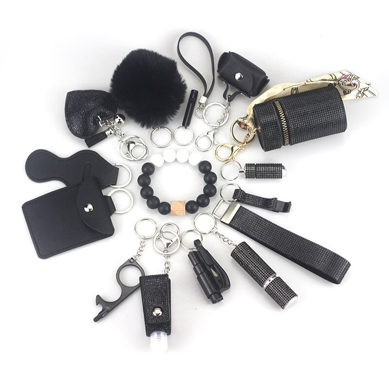 Gantungan kunci Alarm wanita, 15 buah Set senter pertahanan diri luar ruangan, gantungan kunci, aksesori perhiasan, botol liontin bola rambut nyaman