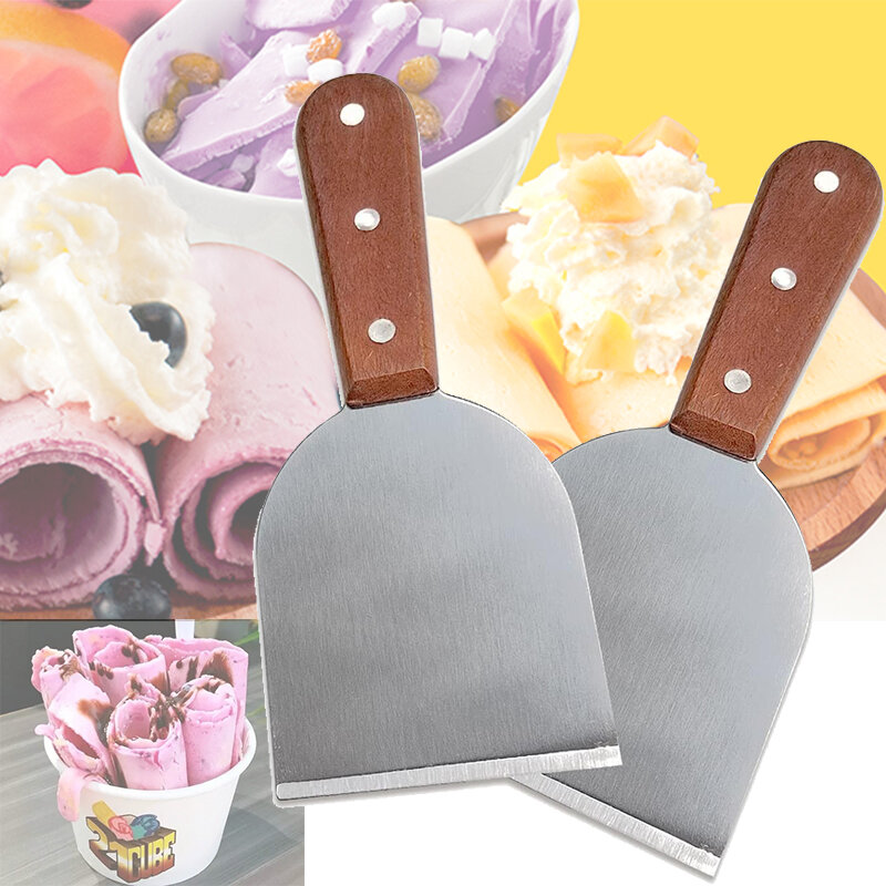 Mvckyi 1PCS Wood Handle Turner Spatula Stainless Steel Shovels For Rolled Ice Cream Metal Flat  Straight Blade