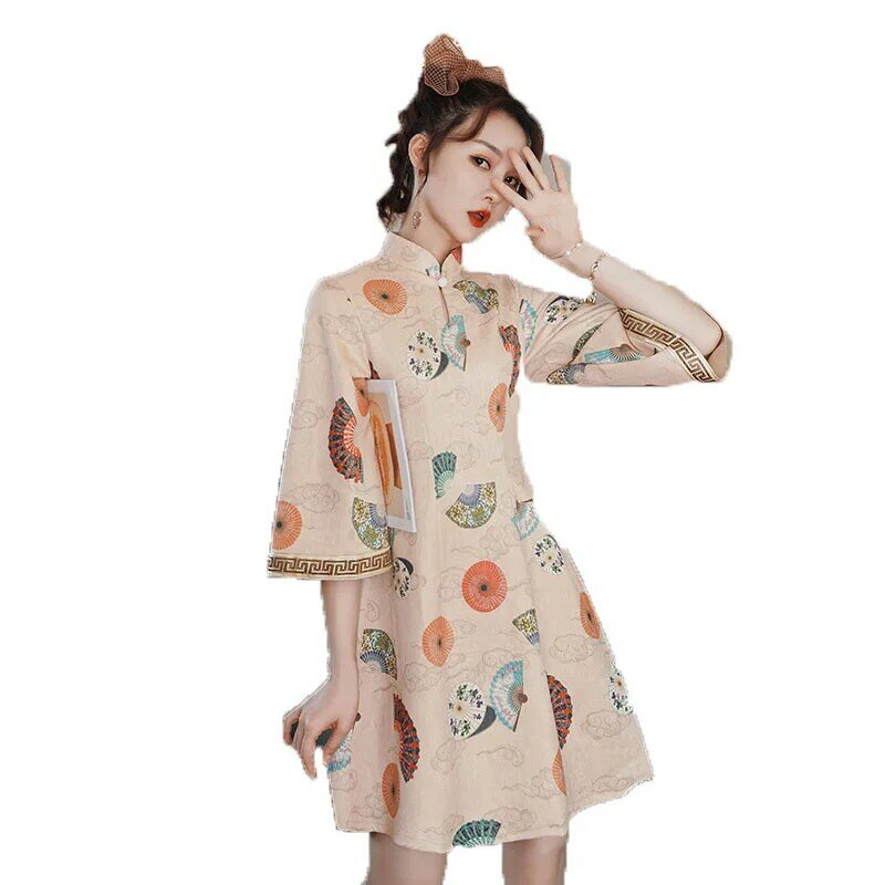 Cheongsam invertido de mangas grandes, vestido diário modificado, saia de menina, estilo chinês, manga curta, jovem, primavera