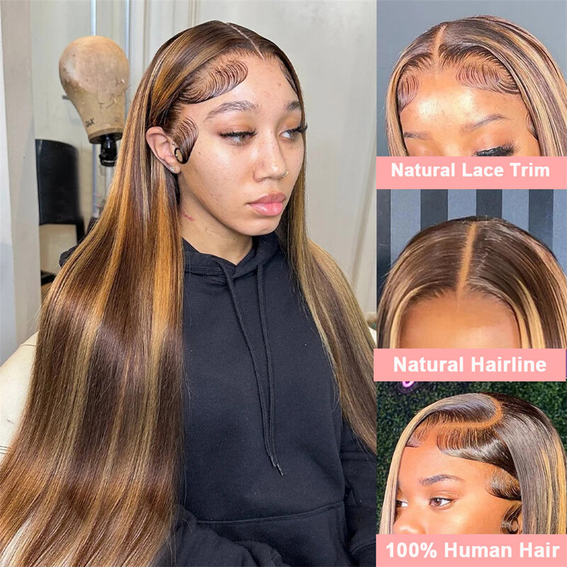 38 Inch Bone Straight Highlight Lace Front Human Hair 4/27 Colored 13x4 Lace Frontal Wigs 4x4 Lace Closure Wigs For Women
