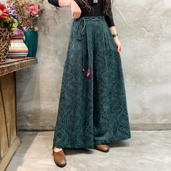 2024 pantaloni vintage cinesi pantaloni larghi jacquard di lino di cotone nazionale pantaloni tradizionali a gamba larga da donna pantaloni folk etnici