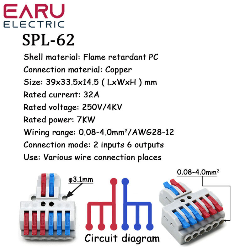 SPL-42/62 2 In 4/6 Out Mini Quick Fast Wire Connector Universal Wiring Cable Connector Push-in Conductor Terminal Block LED Lamp