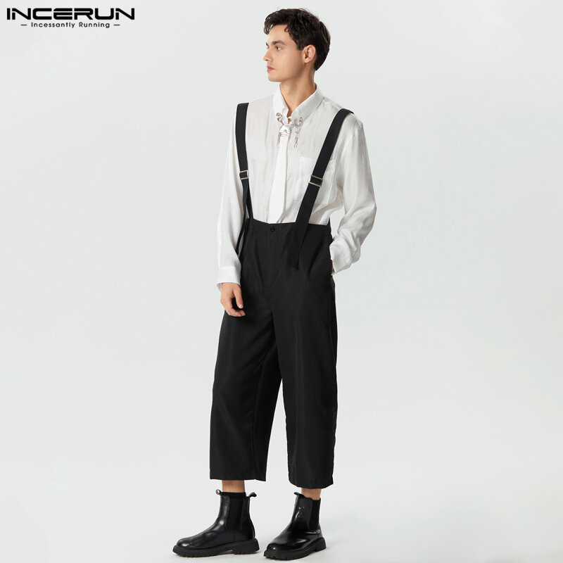 INCERUN 2024 American Style Men Rompers Loose High Waisted Wide Leg Jumpsuits Casual Streetwear Solid Shoulder Strap Pants S-5XL