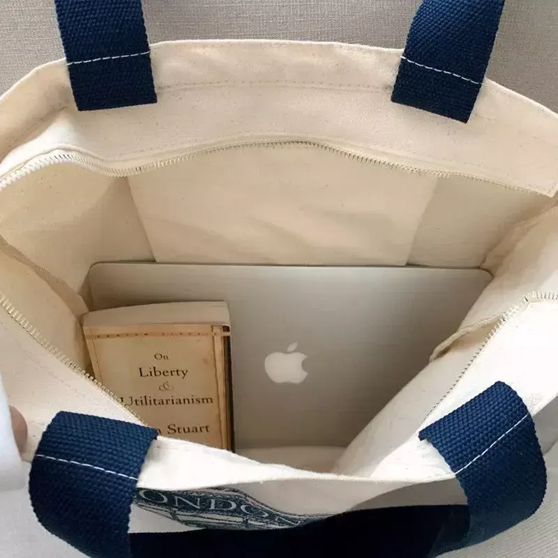 TOUB05 tas bahu kanvas wanita, tas Tote Bag tas tangan kasual cetakan buku London kapasitas besar dapat digunakan kembali
