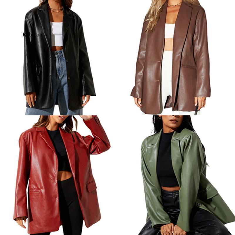 Women Faux Leather Blazer Vintage Boyfriend PU Jacket Long Sleeve Button Down Coat Streetwear