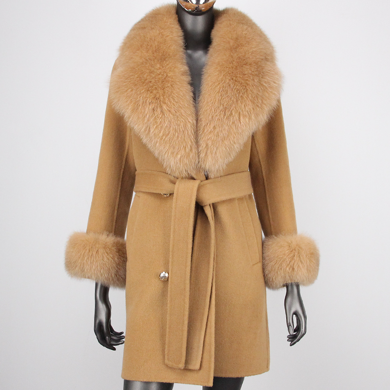 Новинка 2023, пальто из натурального меха, кашемировая женская зимняя куртка, манжеты и воротник из натурального Лисьего меха, двубортная верхняя одежда