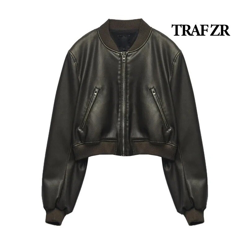 TRAF ZR 여성용 인조 모피 코트, 지퍼 가죽 재킷, 퍼펙토 가죽 아우터, 에비에이터, Y2K 하이 스트리트, 긴 소매, 신제품