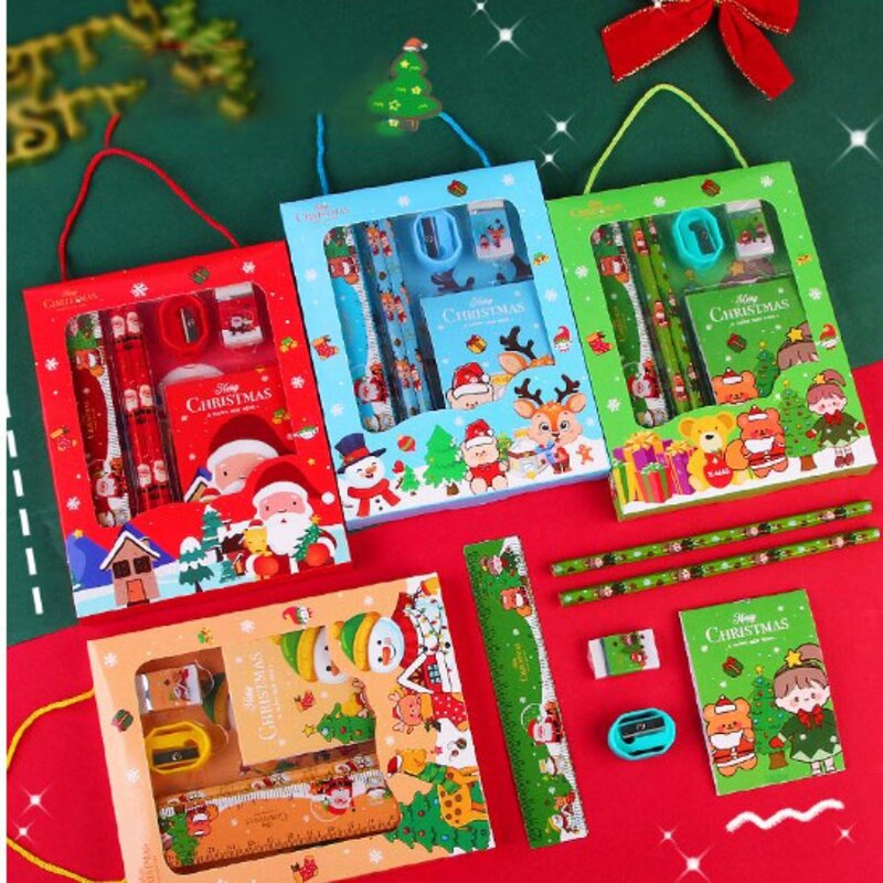 2PCS Wood 6Pcs/set Christmas Stationery Set Sharp Clear Scale Kawaii School StatiChristmas Gift Stationery Setonery Supplies