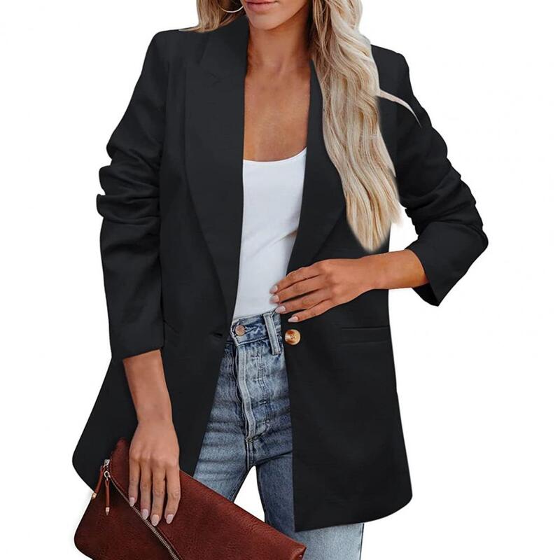 女性用オフィスブレザー,長袖ポケット付きオフィスジャケット,シングルボタン,無地,ラペル,コート,ワークウェア