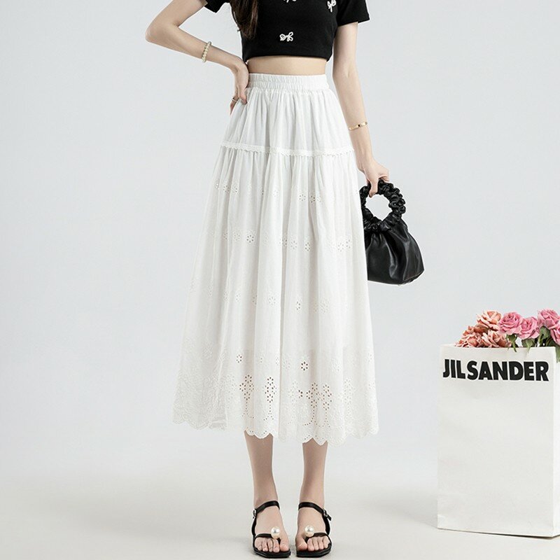 High Waist A-line Casual Skirt Women New 2024 Summer Korean Style Hollow Out Solid Color Ladies Elegant Long Skirts W1711