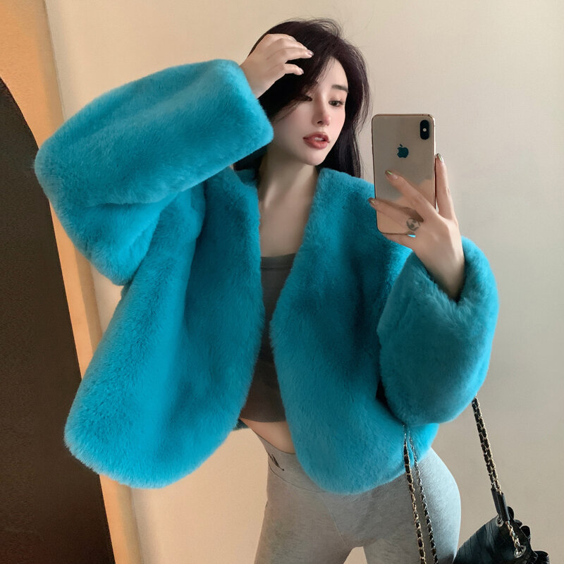 Women's Autumn Winter Long Sleeve V Neck Faux Fur Loose Jacket Lady Chic Casual Solid Color Hairy Thick Outwear