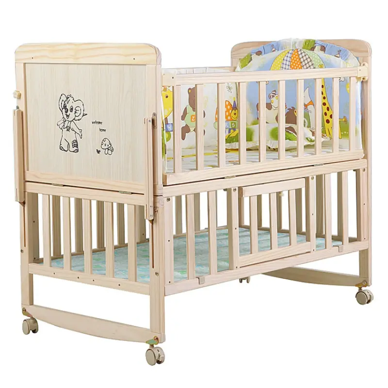 Tempat tidur bayi gaya Eropa, kayu padat multifungsi, tempat tidur bayi tidak dicat, kayu keras