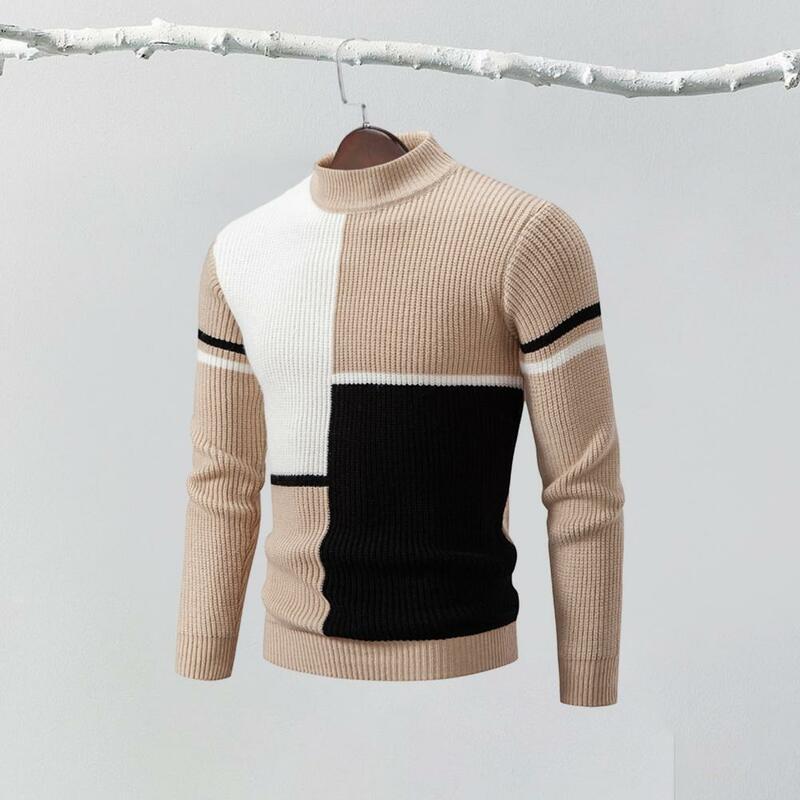 Stretchy Color-blocked Knitwear Colorblock Knitted Men's Sweater with Half-high Collar Slim Fit Warmth for Fall Winter High