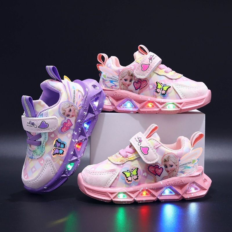 Disney-zapatillas de deporte informales LED para niña, zapatos de piel sintética con estampado de princesa Elsa de Frozen, iluminados, antideslizantes, color rosa y morado, Primavera