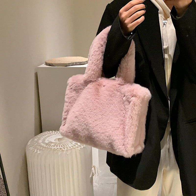 Plush Tote Bags For Women Winter Soft Fluffy Bag Shopper Furry Shoulder Bag Luxury Designer Handbag Square Fur Eco Bag Korean